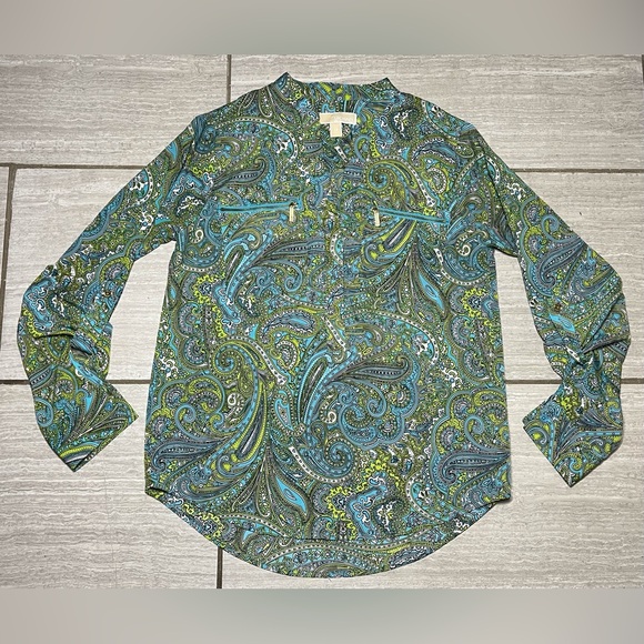 Michael Kors Women's Roll Tab Sleeve Blouse Size XS Paisley Print Green Blue - Picture 1 of 5